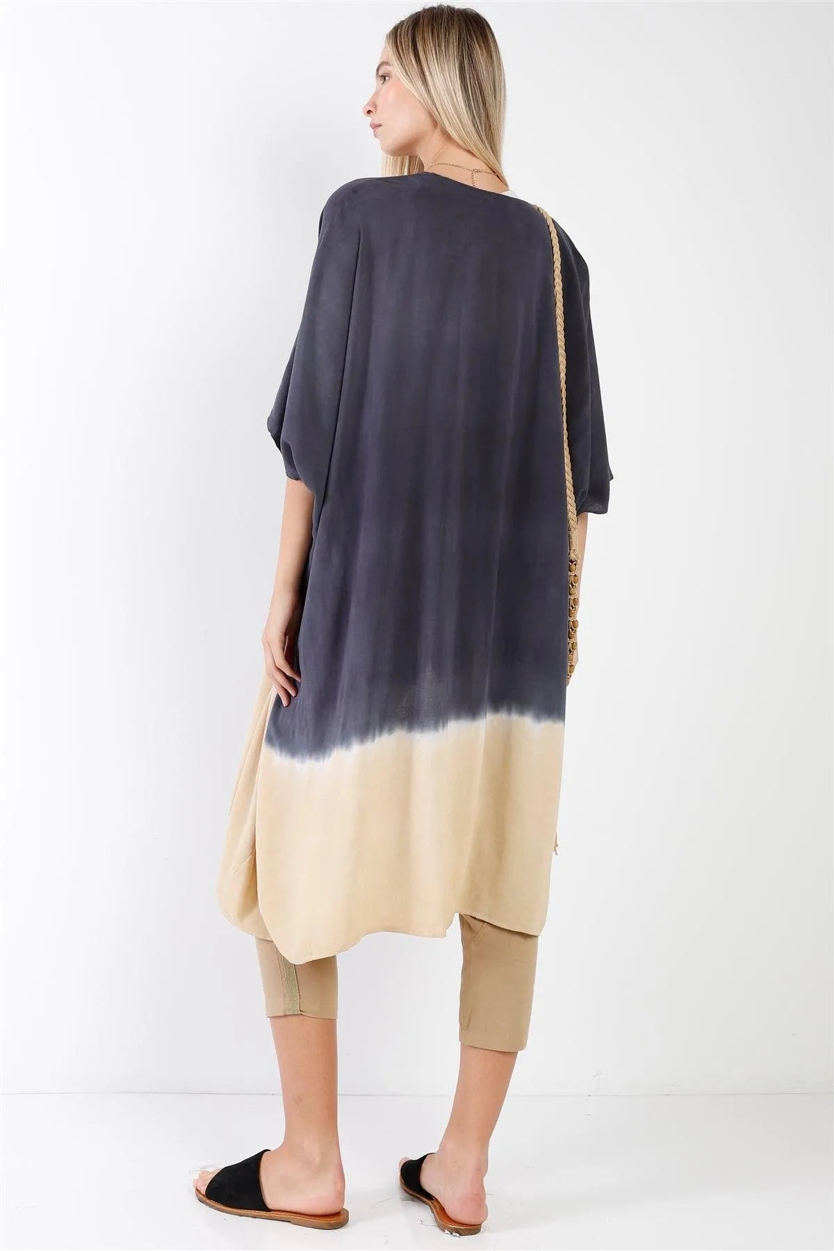 Navy & Cream Tie-Dye Gradient Open Front Oversized Midi Kimono/Cover Up - Tasha Apparel Wholesale