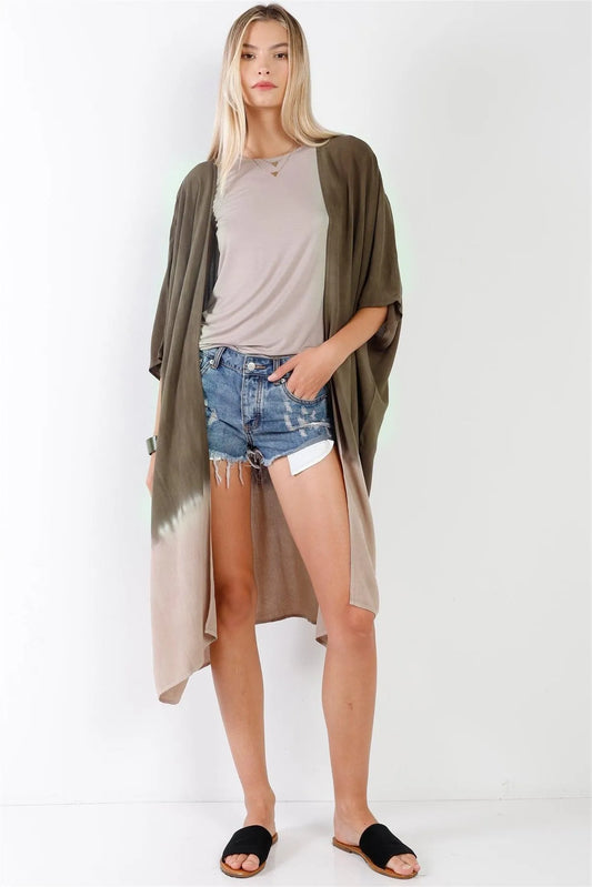 Olive & Taupe Tie-Dye Gradient Open Front Oversized Midi Kimono/Cover Up /1-1-2 - Tasha Apparel Wholesale