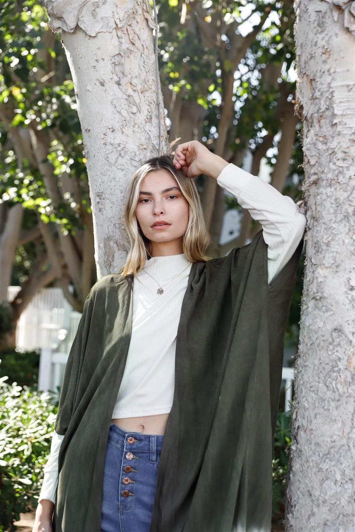 Olive & Taupe Tie-Dye Gradient Open Front Oversized Midi Kimono/Cover Up /3-2-1 - Tasha Apparel Wholesale