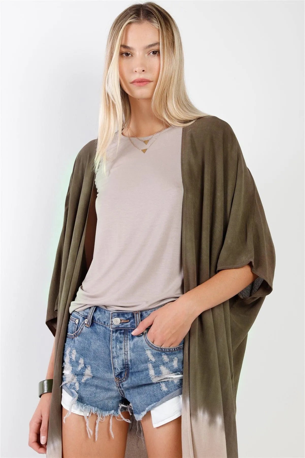 Olive & Taupe Tie-Dye Gradient Open Front Oversized Midi Kimono/Cover Up /3-2-1 - Tasha Apparel Wholesale