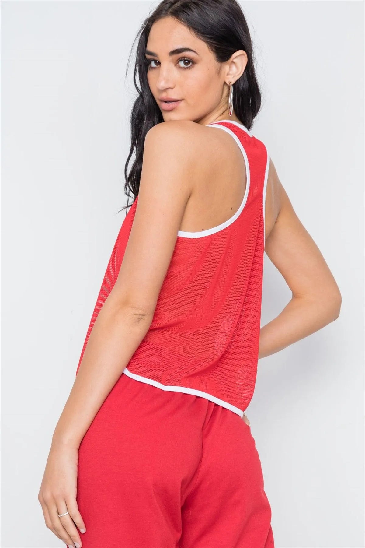 Red Contrast Trim Net Recerback Tank Top /2-2-1 - Tasha Apparel Wholesale