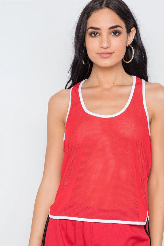 Red Contrast Trim Net Recerback Tank Top /3-2-1 - Tasha Apparel Wholesale