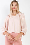 Boho Mauve Satin Effect Long Bishop Sleeve With Lace Trim V-Neck Loose Fit Top /2-2-1 - Tasha Apparel Wholesale