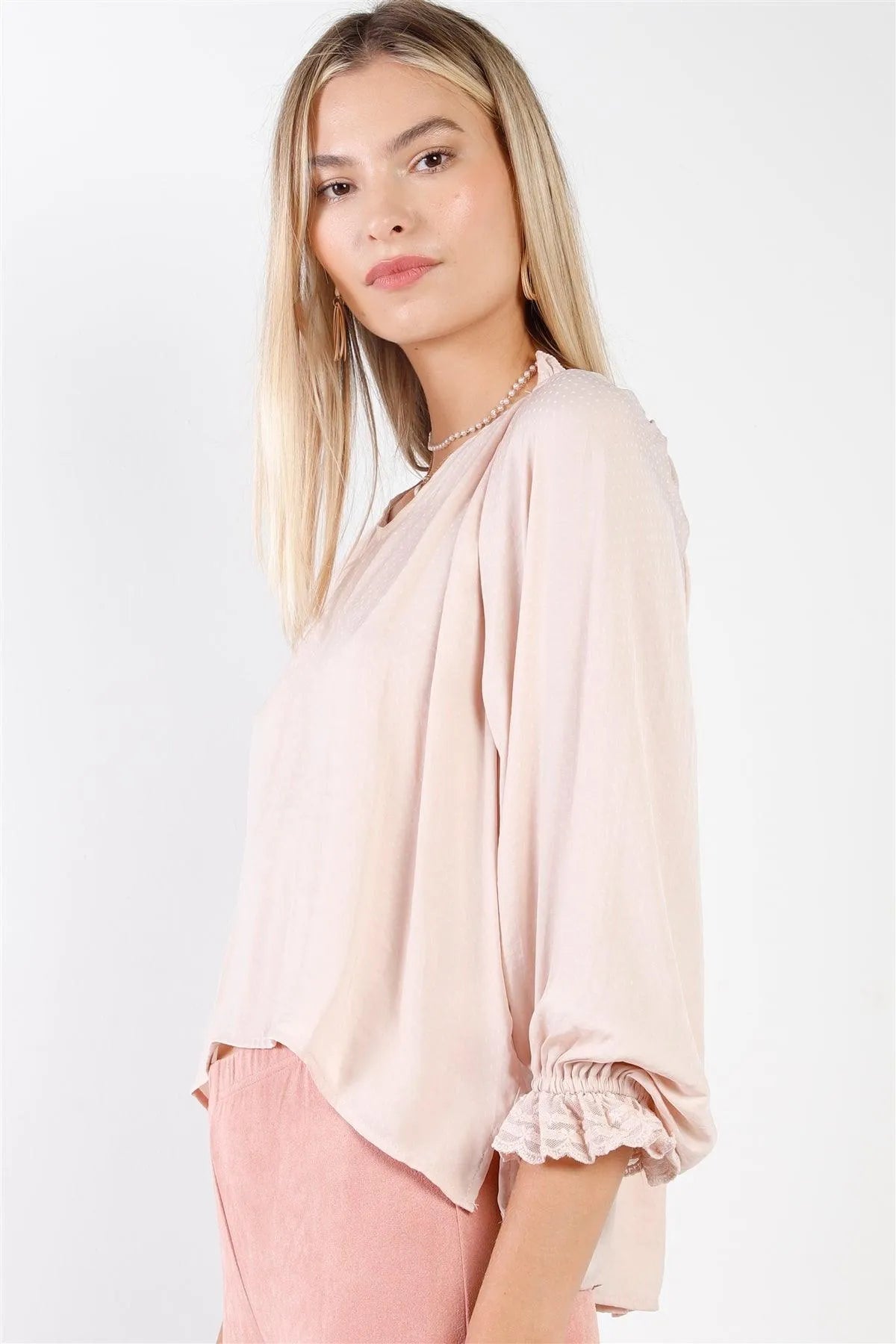 Boho Mauve Satin Effect Long Bishop Sleeve With Lace Trim V-Neck Loose Fit Top /2-2-1 - Tasha Apparel Wholesale