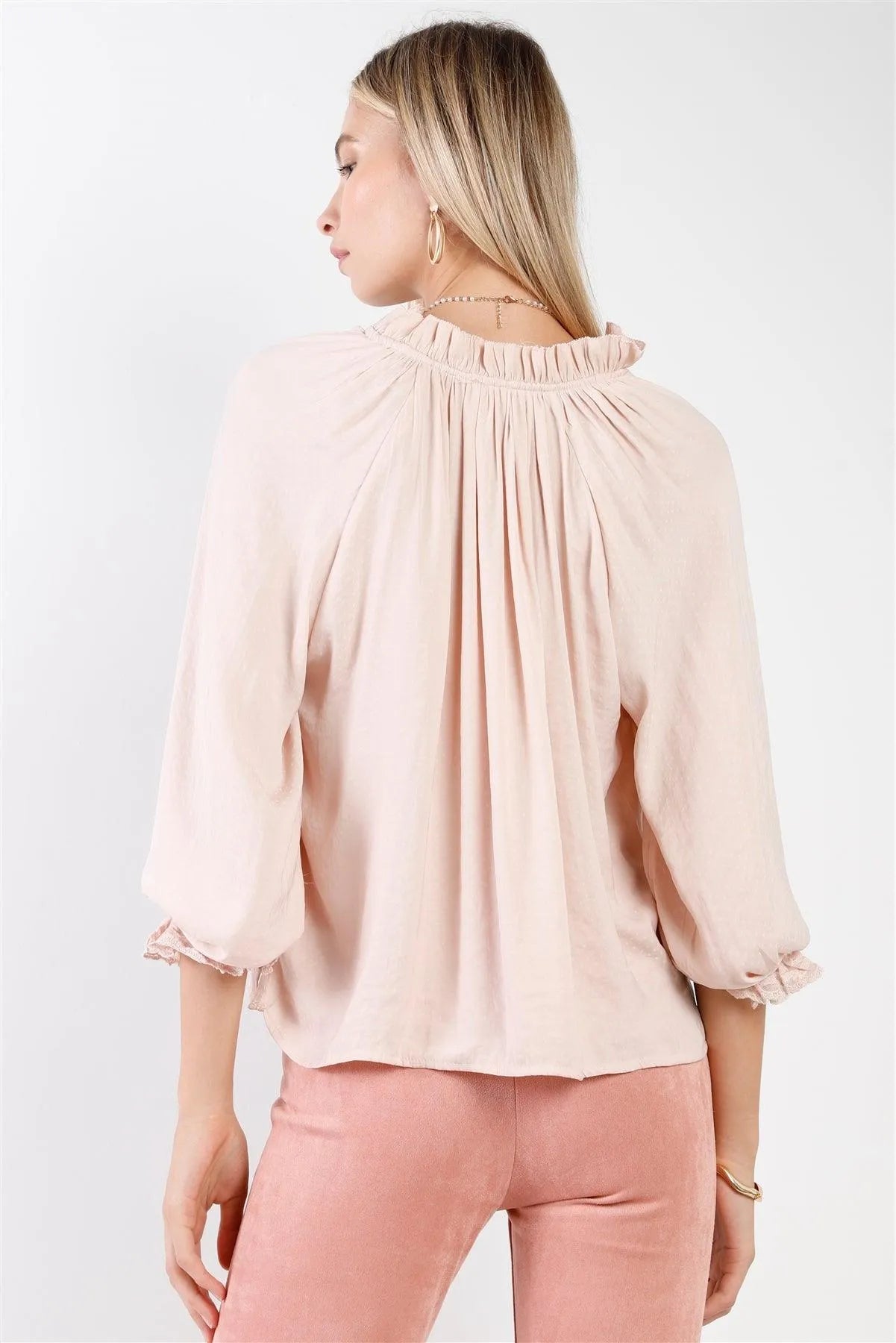 Boho Mauve Satin Effect Long Bishop Sleeve With Lace Trim V-Neck Loose Fit Top /2-2-1 - Tasha Apparel Wholesale
