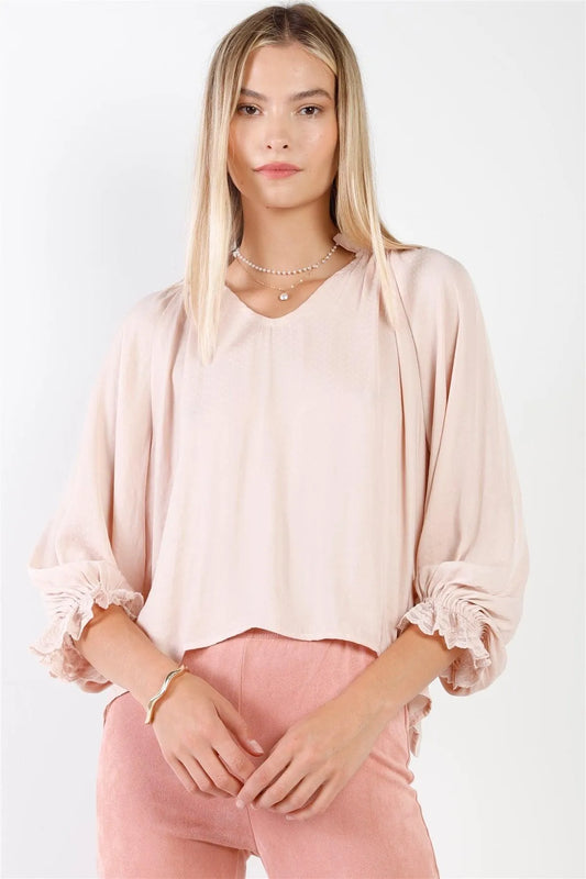 Boho Mauve Satin Effect Long Bishop Sleeve With Lace Trim V-Neck Loose Fit Top /3-2-1 - Tasha Apparel Wholesale