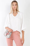 Boho White Satin Effect Long Bishop Sleeve With Lace Trim V-Neck Loose Fit Top /2-2-1 - Tasha Apparel Wholesale