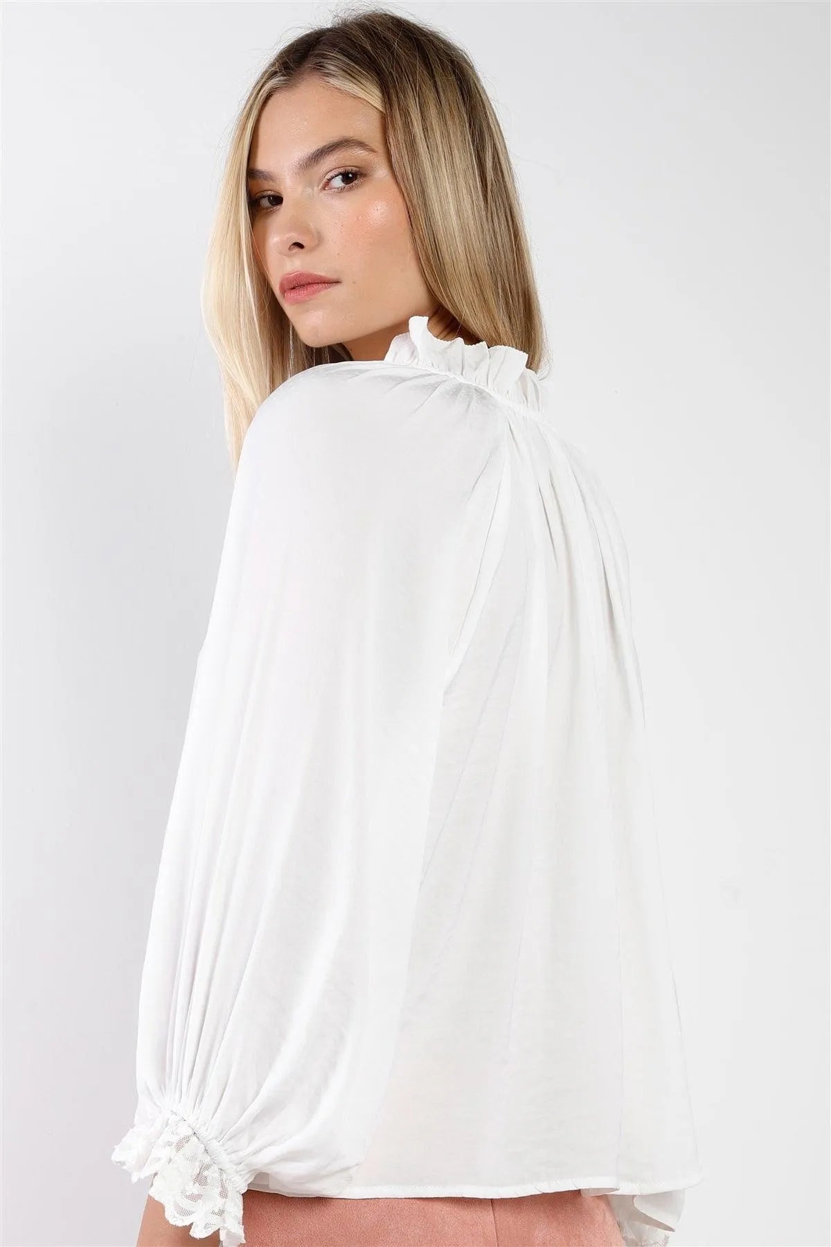 Boho White Satin Effect Long Bishop Sleeve With Lace Trim V-Neck Loose Fit Top /2-2-1 - Tasha Apparel Wholesale