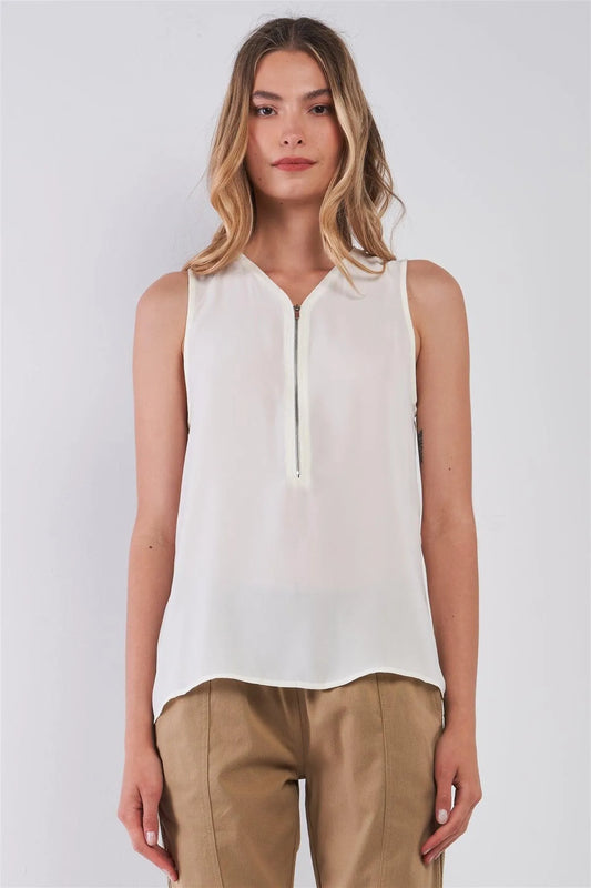 Off-White Sleeveless Zip-Up Detail V-Neck Relaxed Top /1-2-2-1 - Tasha Apparel Wholesale