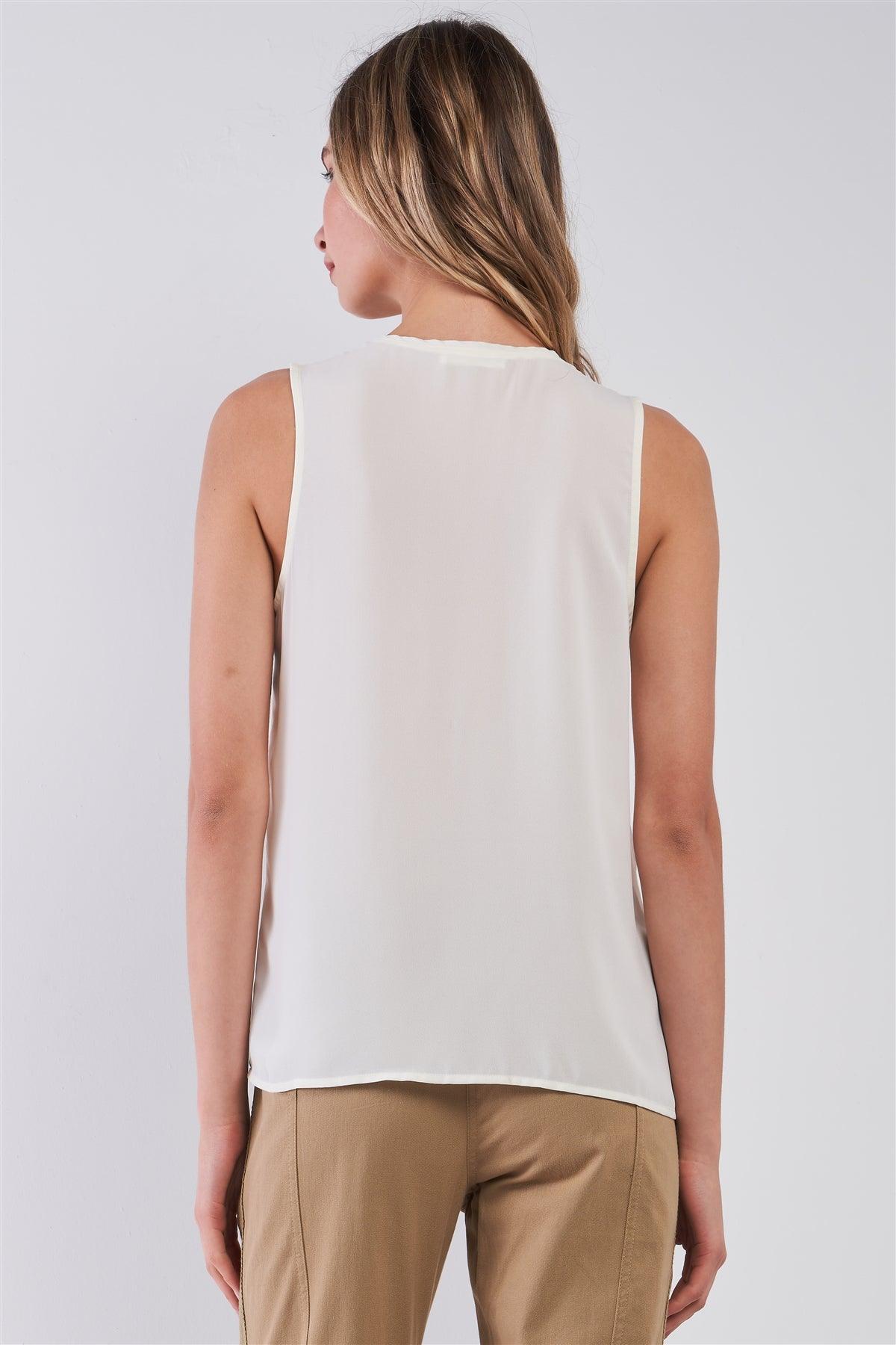 Off-White Sleeveless Zip-Up Detail V-Neck Relaxed Top /1-2-2-1