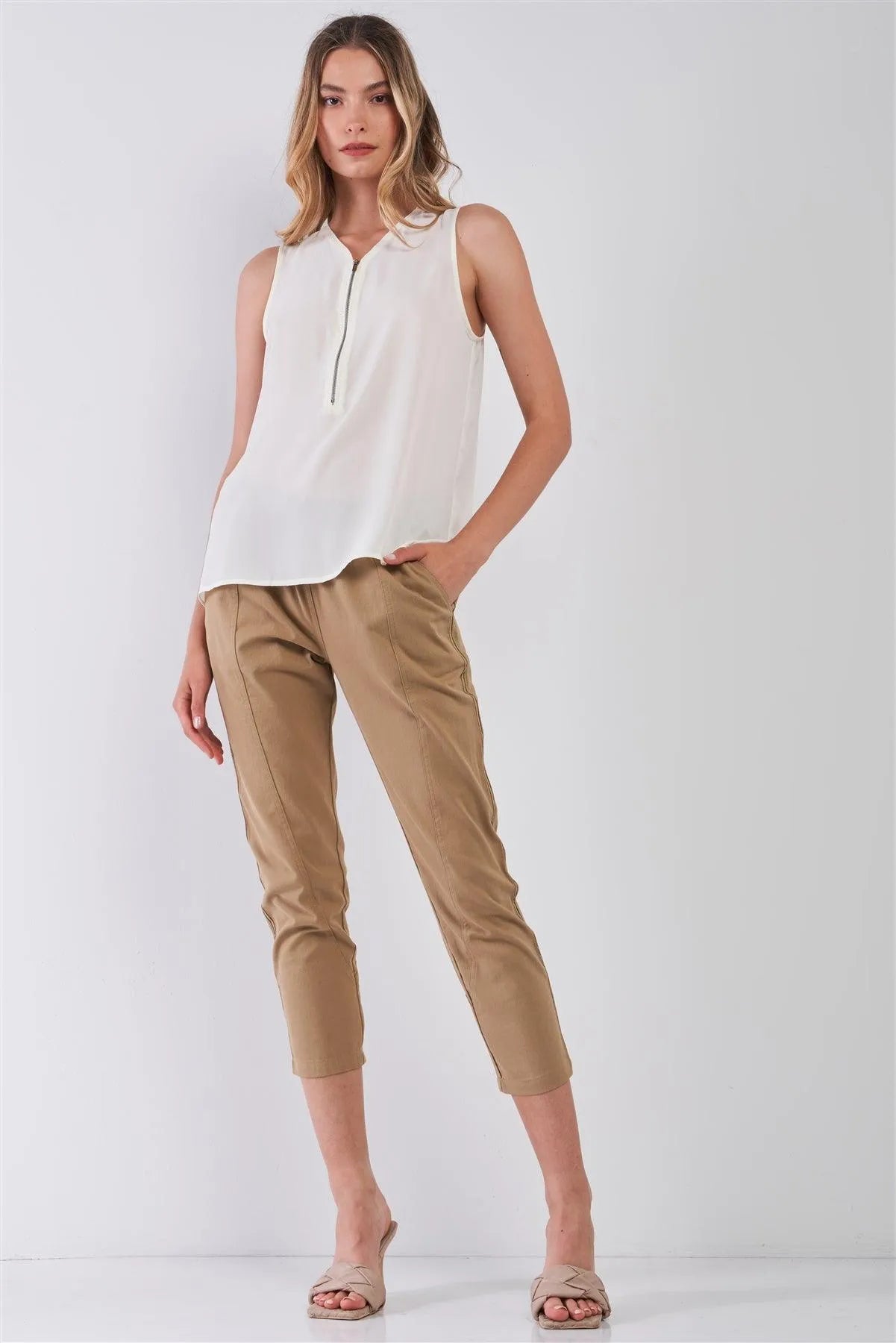 Off-White Sleeveless Zip-Up Detail V-Neck Relaxed Top /1-2-2-1 - Tasha Apparel Wholesale
