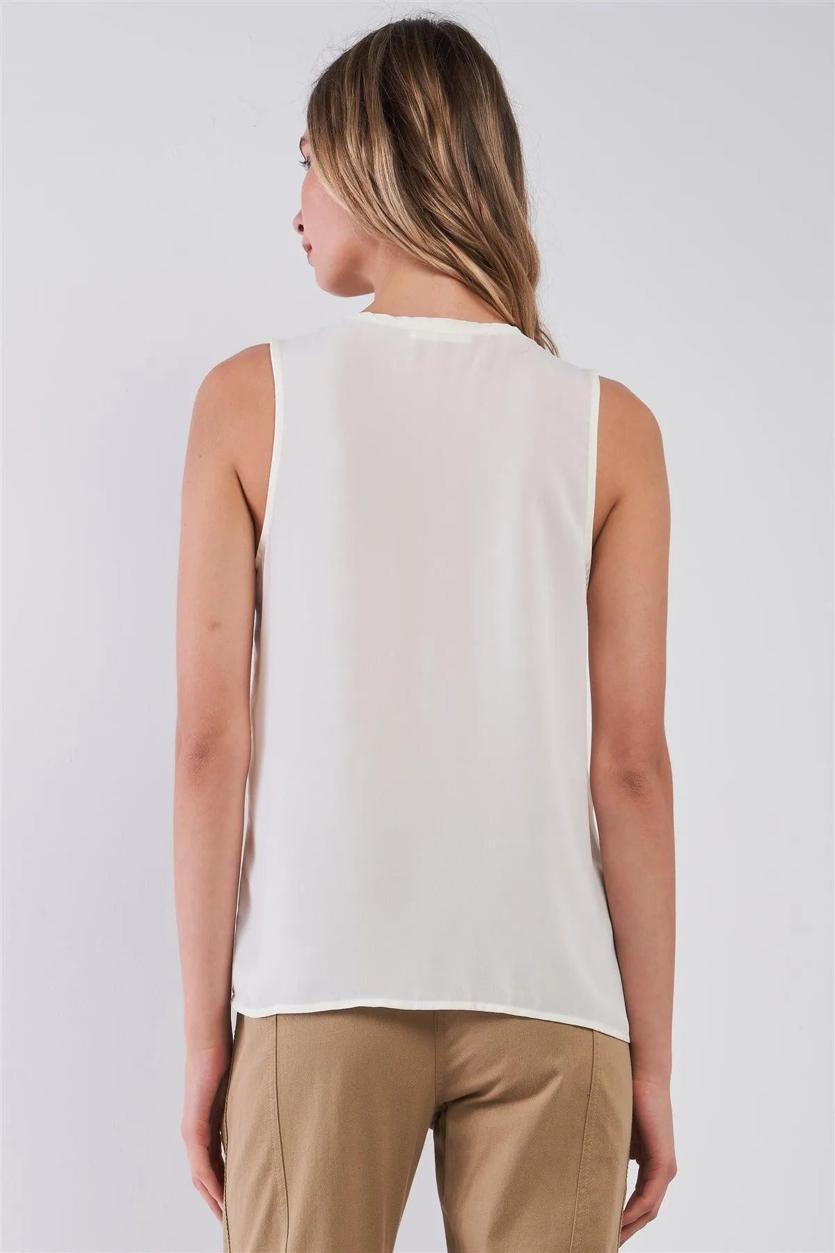 Off-White Sleeveless Zip-Up Detail V-Neck Relaxed Top - Tasha Apparel Wholesale