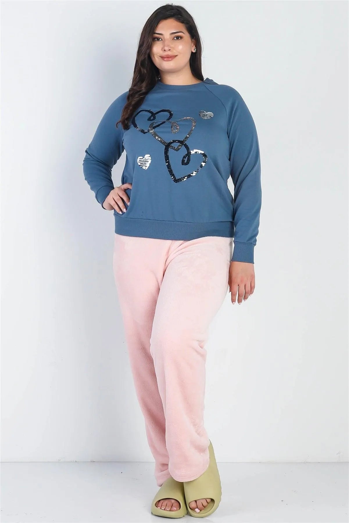 Junior Plus Vintage Blue Hearts Sequin Detail Long Sleeve Top /2-2-2 - Tasha Apparel Wholesale