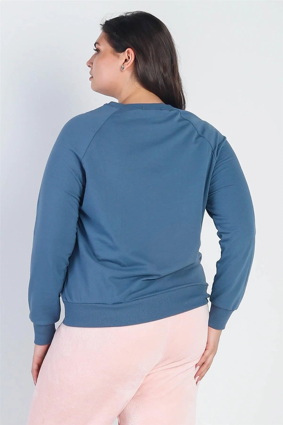 Junior Plus Vintage Blue Hearts Sequin Detail Long Sleeve Top /2-2-2 - Tasha Apparel Wholesale