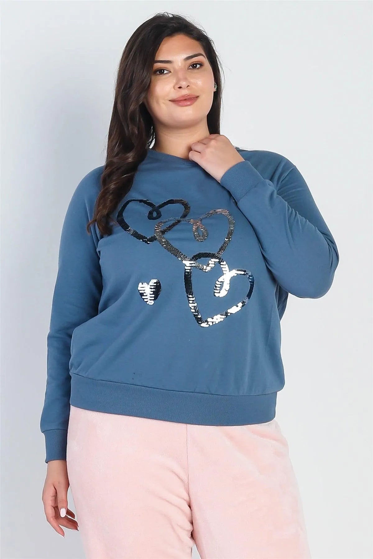 Junior Plus Vintage Blue Hearts Sequin Detail Long Sleeve Top /2-2-2 - Tasha Apparel Wholesale