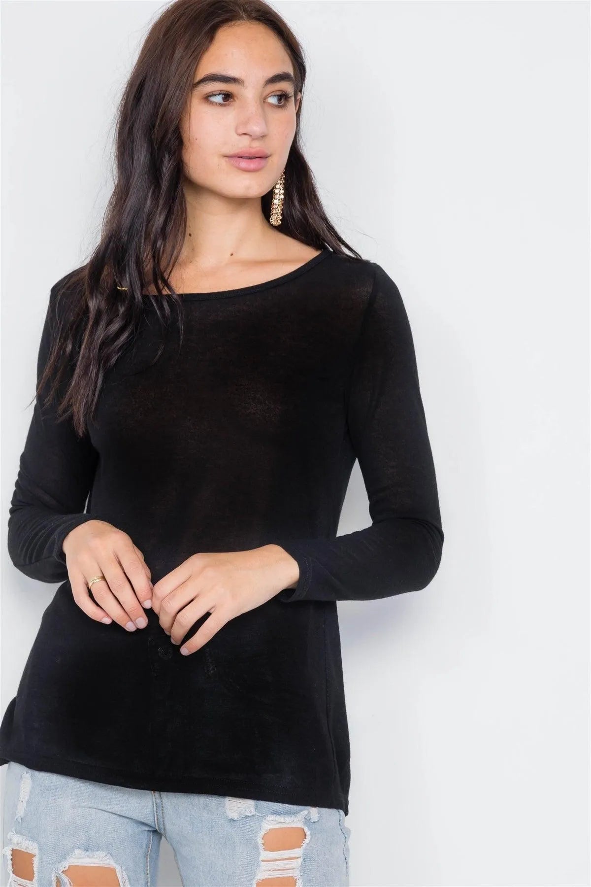 Black Sheer Open Back Tie Long Sleeve Top /3-2-1 - Tasha Apparel Wholesale