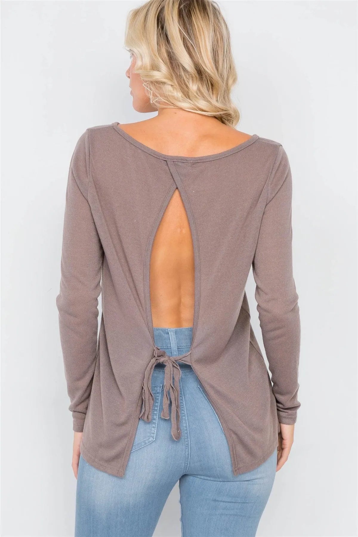 Cocoa Sheer Open Back Tie Long Sleeve Top /2-2-1 - Tasha Apparel Wholesale