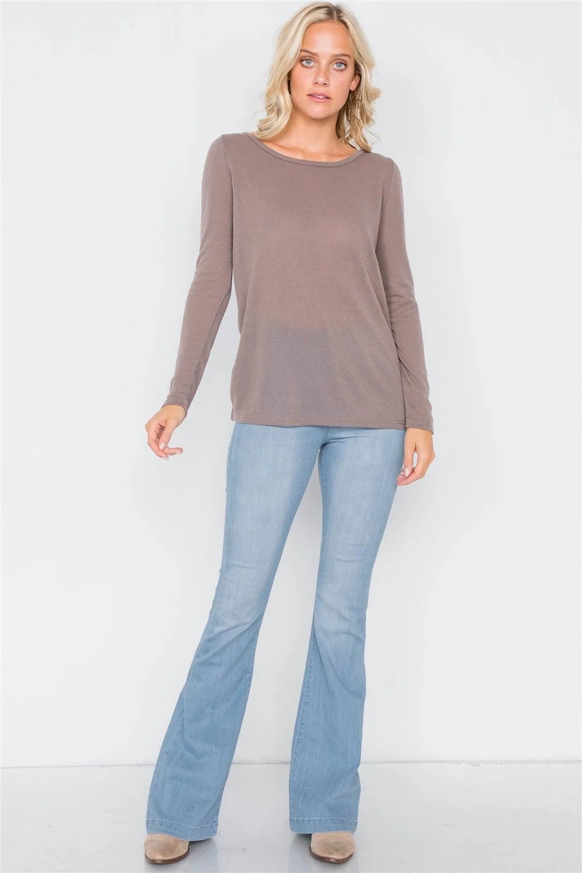 Cocoa Sheer Open Back Tie Long Sleeve Top /2-2-1 - Tasha Apparel Wholesale