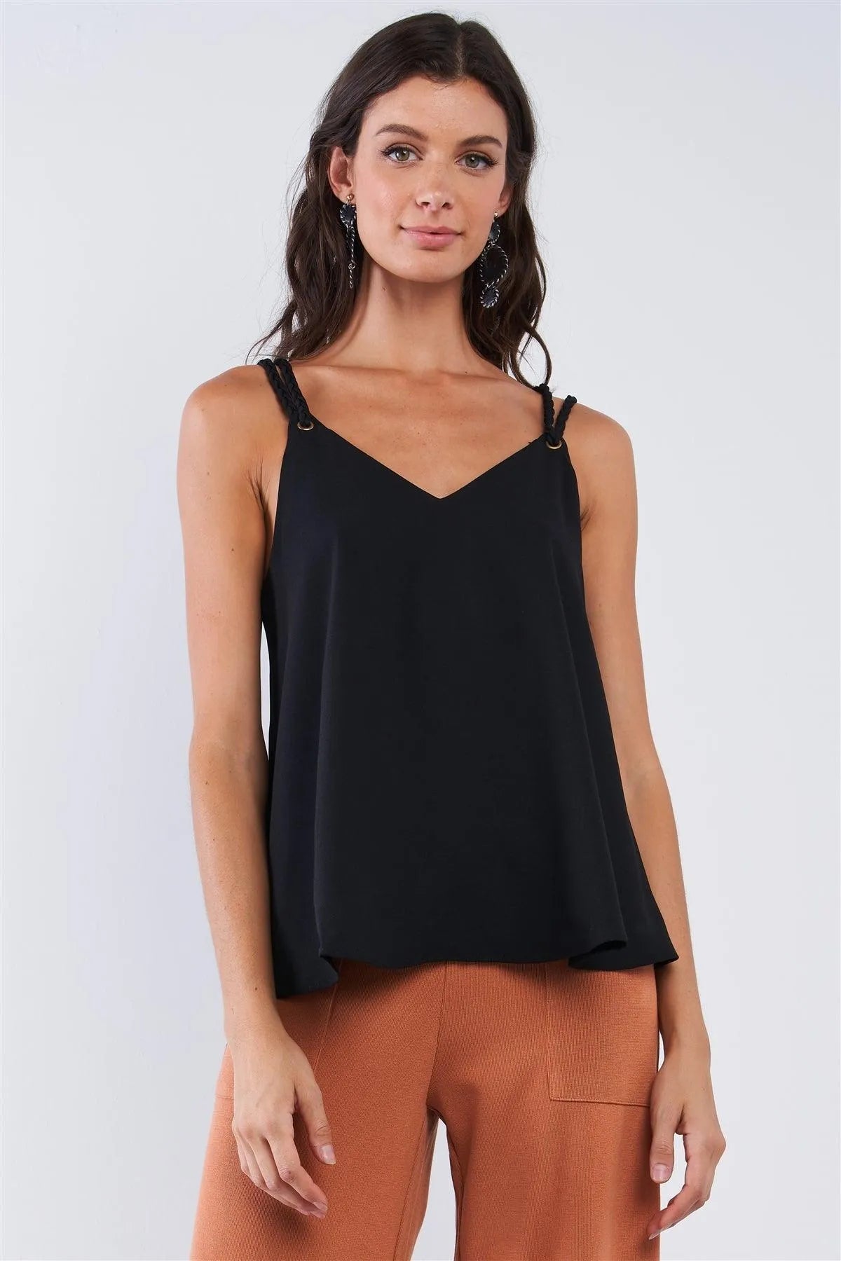 Solid Black Loose Fit Braided V-Neck Tassel Strap Cami Top - Tasha Apparel Wholesale