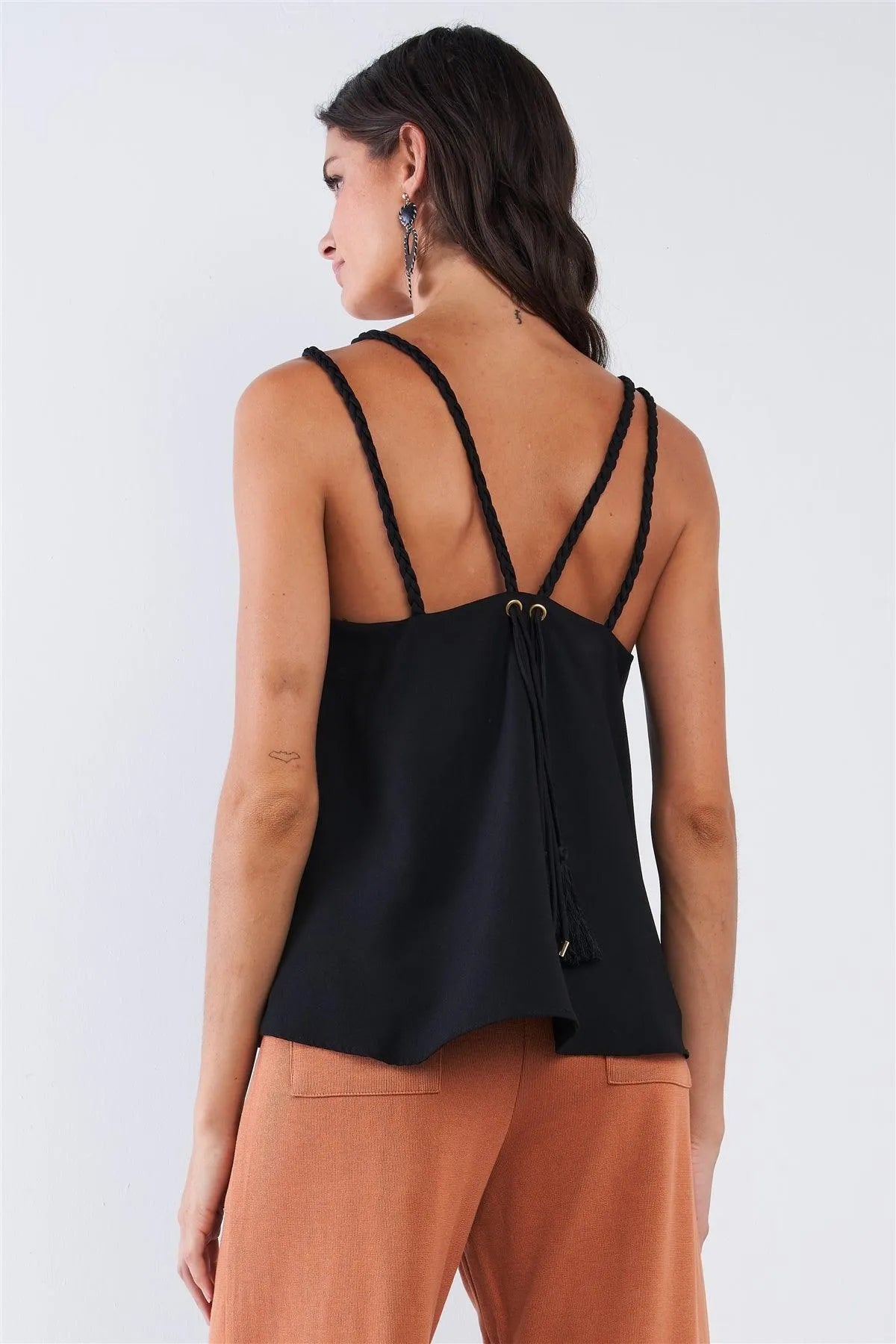 Solid Black Loose Fit Braided V-Neck Tassel Strap Cami Top - Tasha Apparel Wholesale
