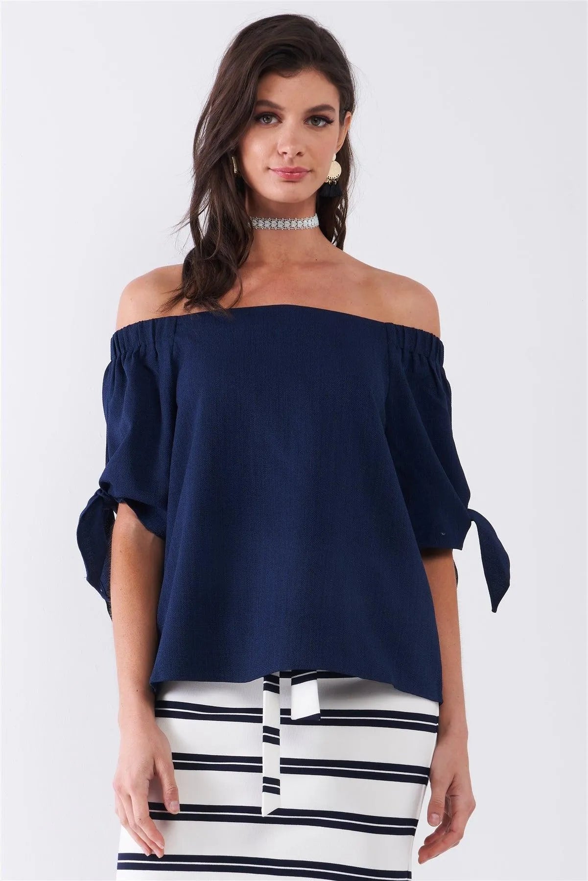 Navy Blue Off-The-Shoulder Self-Tie Short Sleeve Relaxed Top /1-2-2-1 - Tasha Apparel Wholesale