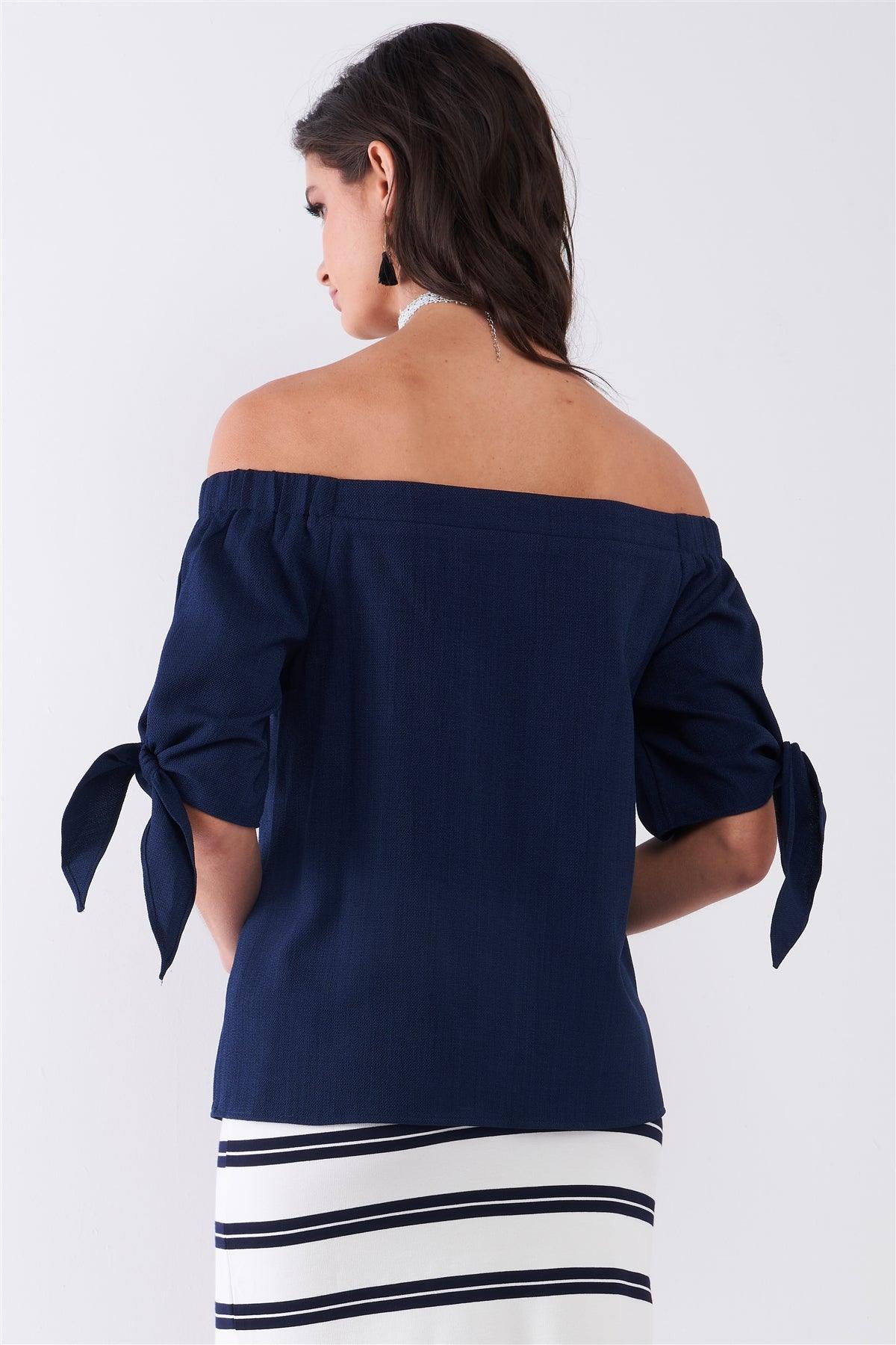 Navy Blue Off-The-Shoulder Self-Tie Short Sleeve Relaxed Top /1-2-2-1