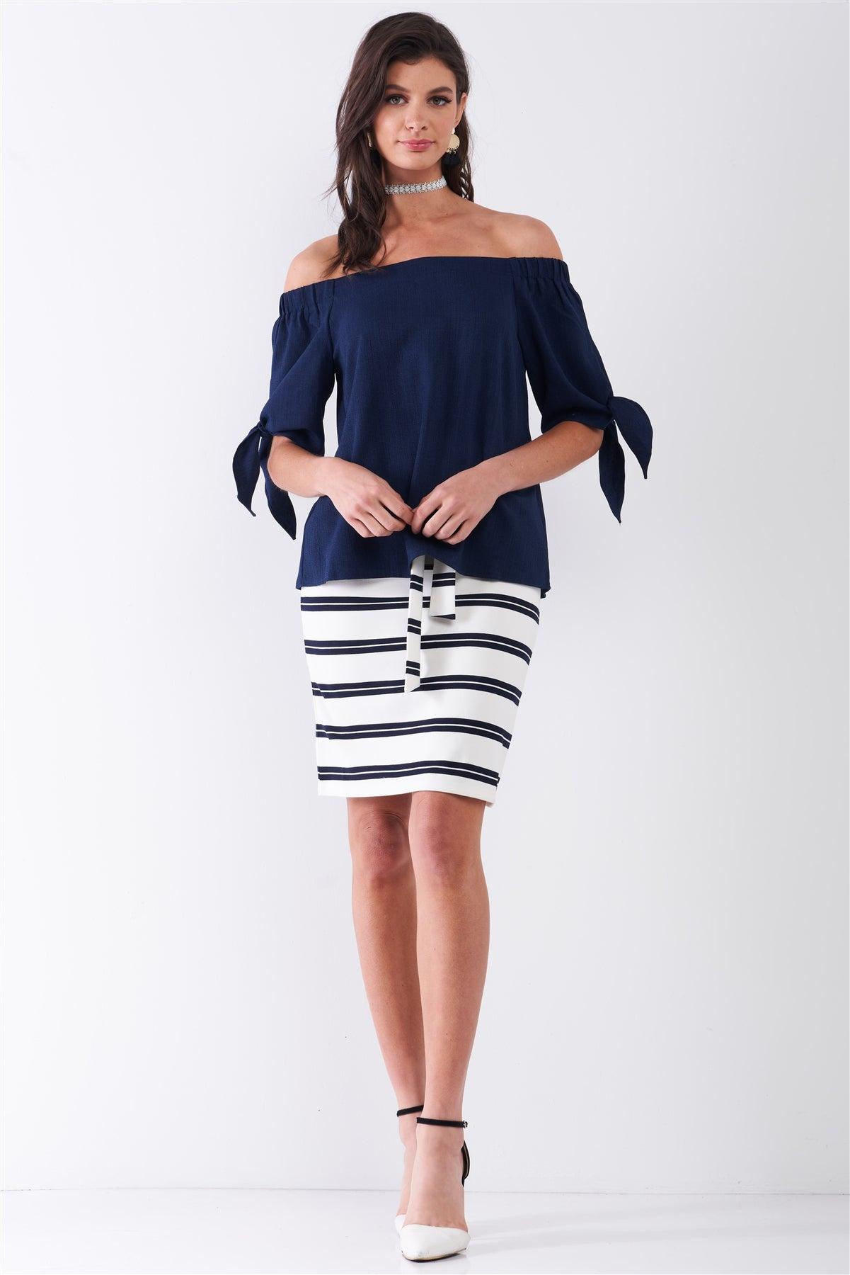 Navy Blue Off-The-Shoulder Self-Tie Short Sleeve Relaxed Top /1-2-2-1