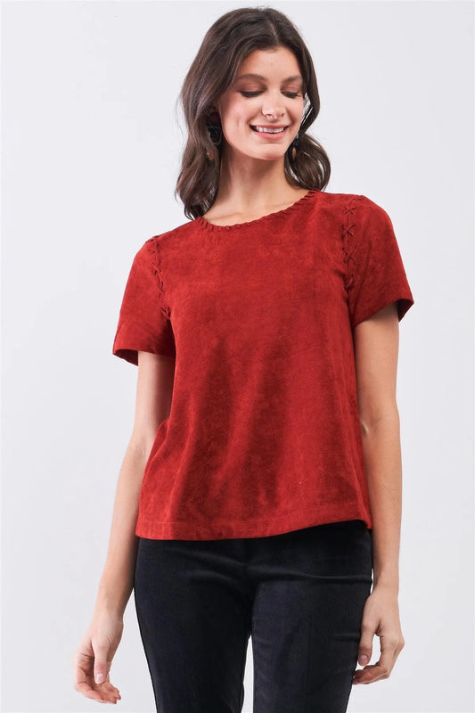 Rust Red Faux Suede Short Sleeve Round Neck Cross Stitching Detail Relaxed Top - Tasha Apparel Wholesale