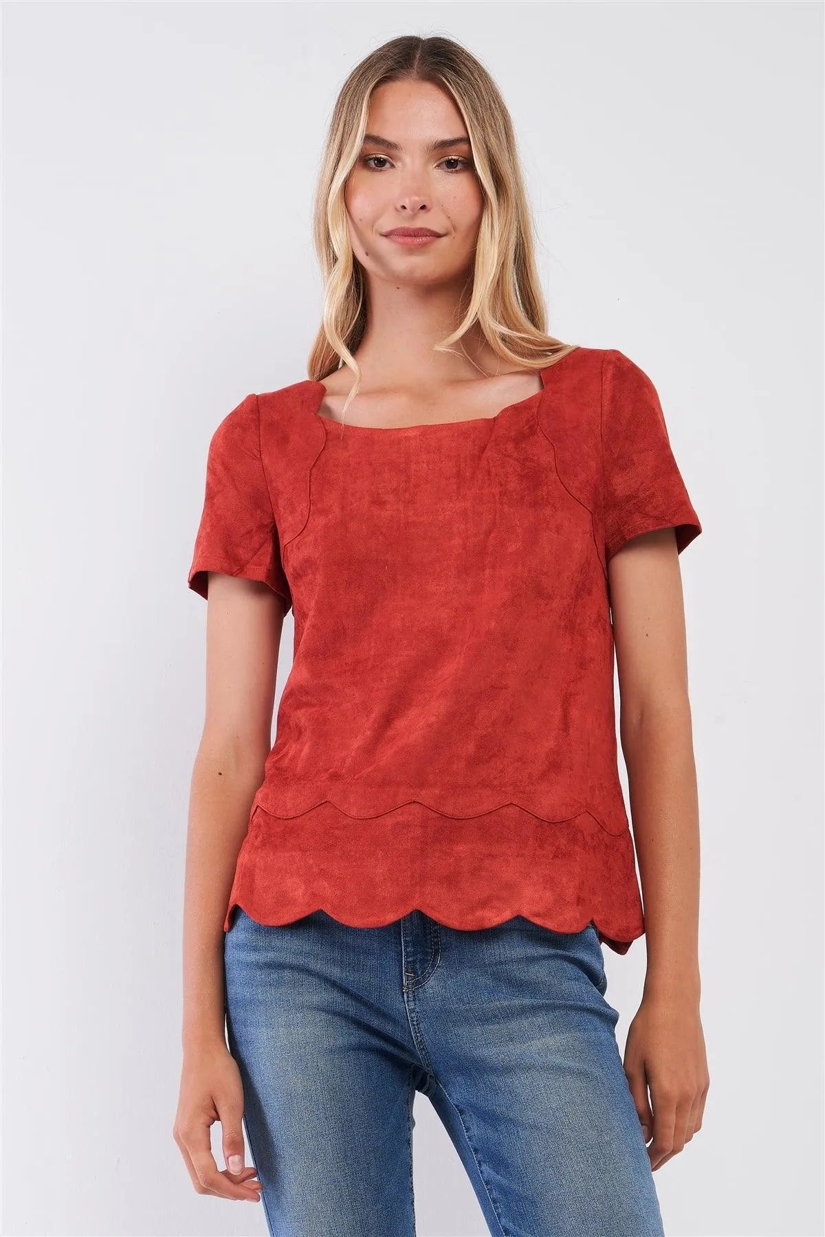 Rust Vegan Suede Short Sleeve Scallop Hem Top /1-2-2-1 - Tasha Apparel Wholesale