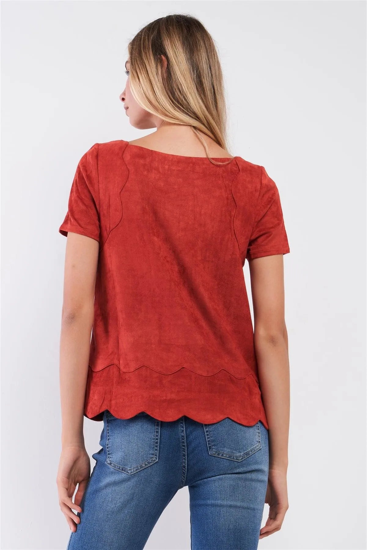 Rust Vegan Suede Short Sleeve Scallop Hem Top /1-2-2-1 - Tasha Apparel Wholesale