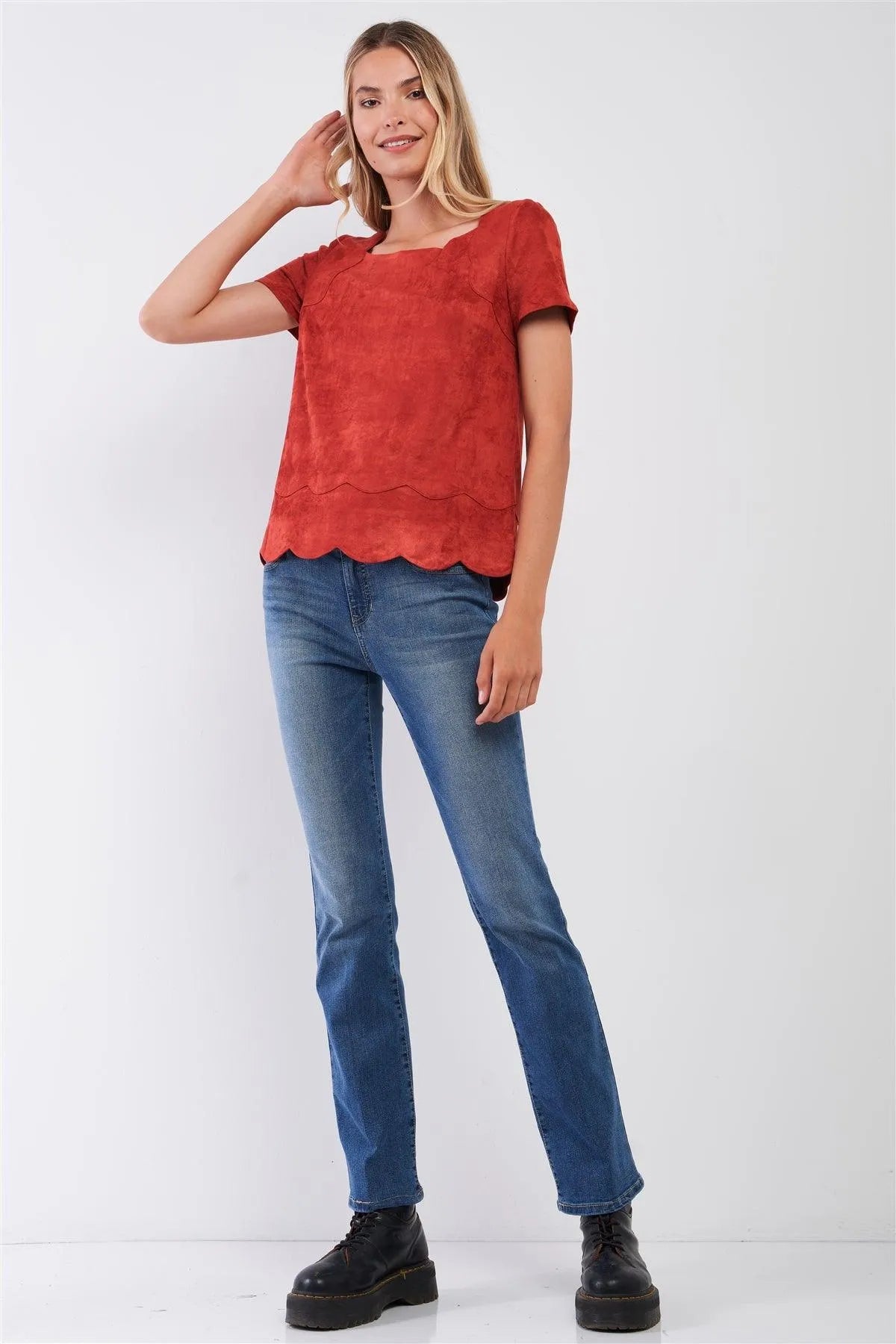 Rust Vegan Suede Short Sleeve Scallop Hem Top /1-2-2-1 - Tasha Apparel Wholesale
