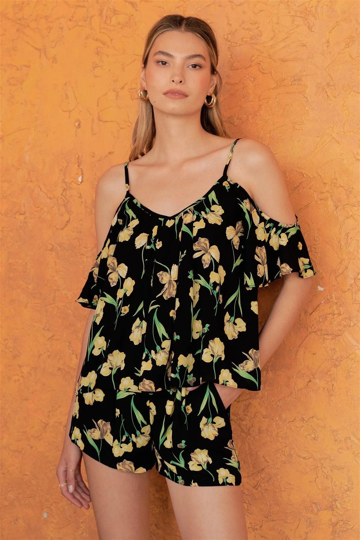 Iris Black & Yellow Floral Print Cold Shoulder Top & High Waist Pleated Mini Shorts /1-2-2-1 - Tasha Apparel Wholesale