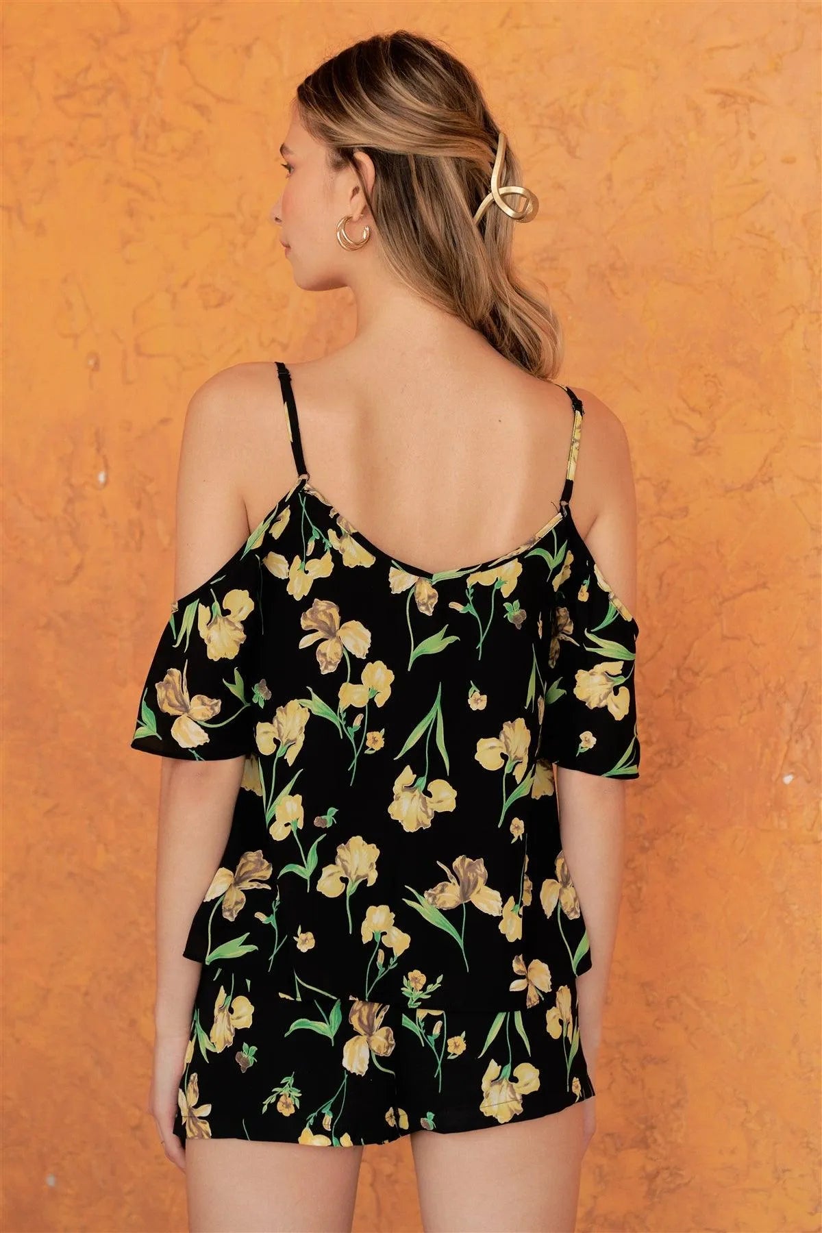 Iris Black & Yellow Floral Print Cold Shoulder Top & High Waist Pleated Mini Shorts /1-2-2-1 - Tasha Apparel Wholesale