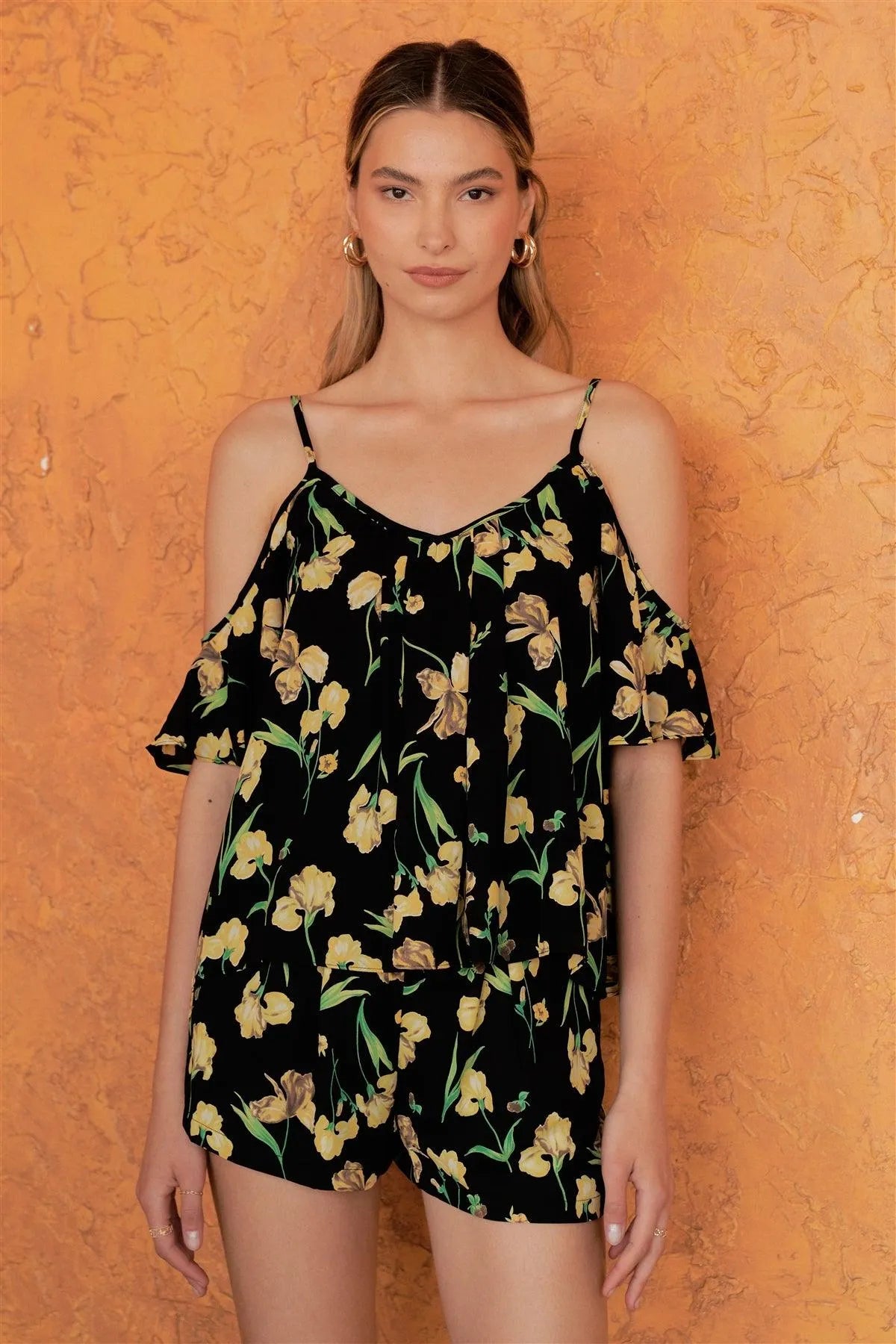 Iris Black & Yellow Floral Print Cold Shoulder Top & High Waist Pleated Mini Shorts /1-2-2-1 - Tasha Apparel Wholesale