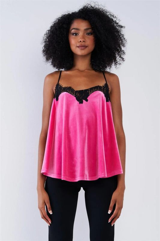 Raspberry Pink Velvet Black Lace Hem Detail Cami Top /1-2-2-1 - Tasha Apparel Wholesale