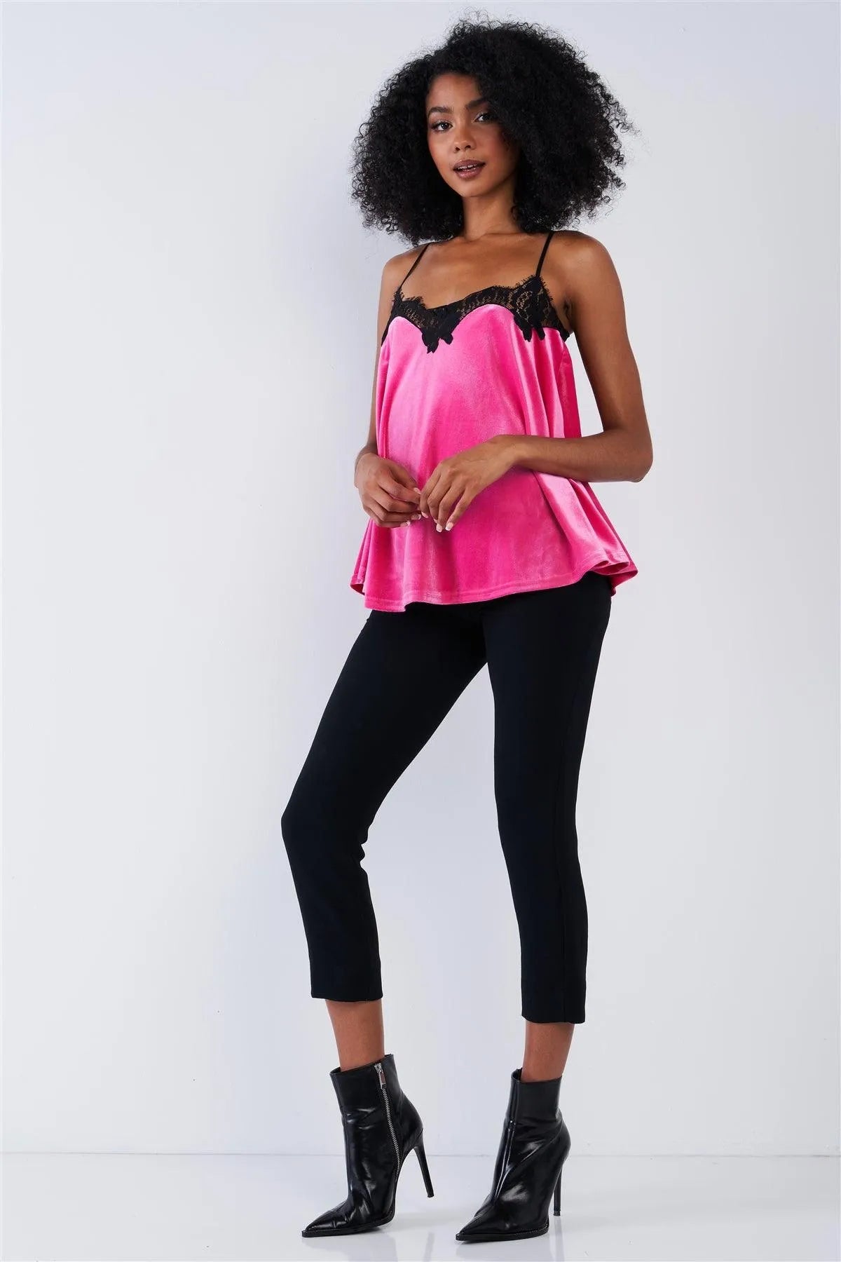 Raspberry Pink Velvet Black Lace Hem Detail Cami Top /1-2-2-1 - Tasha Apparel Wholesale