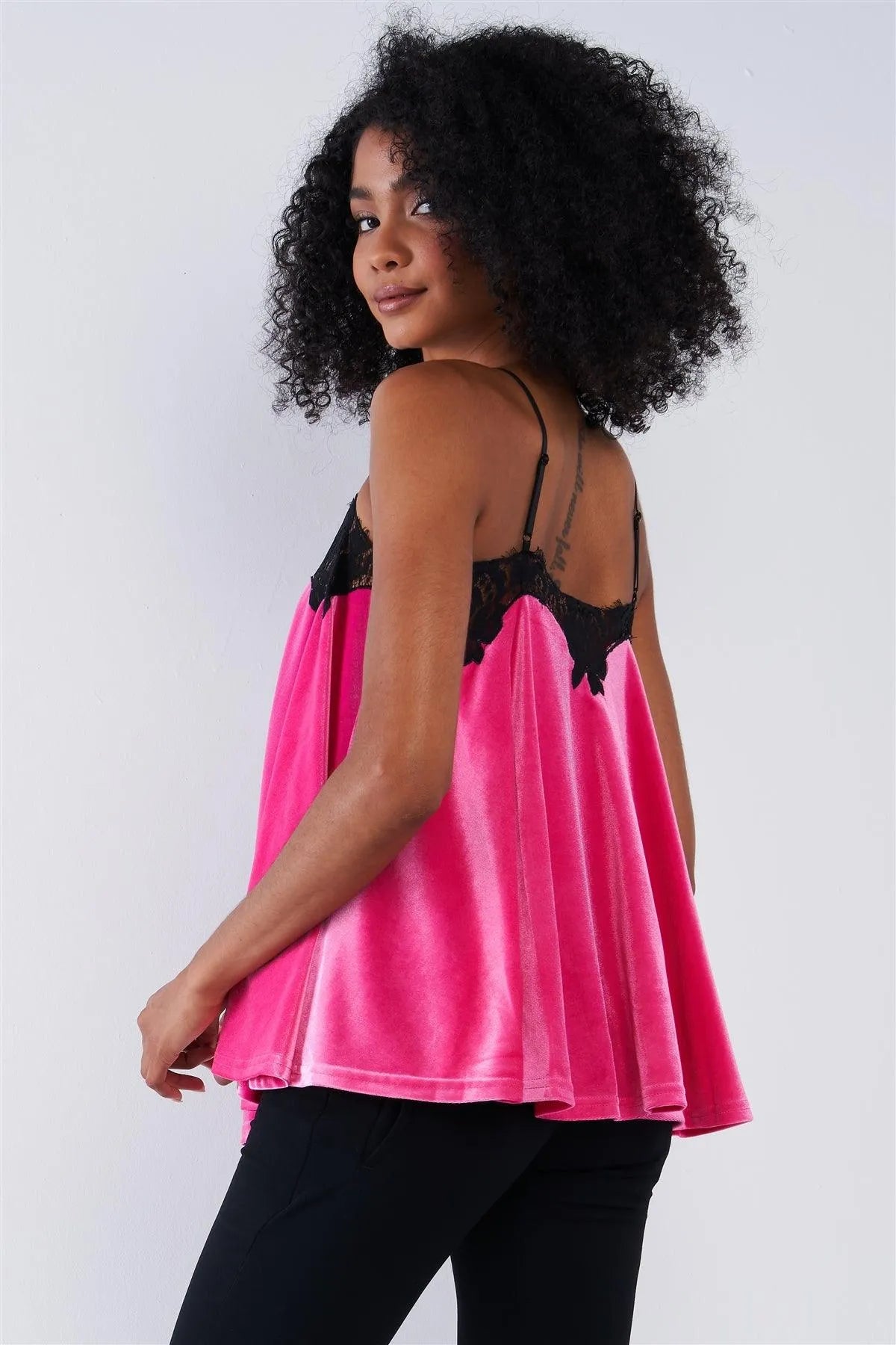 Raspberry Pink Velvet Black Lace Hem Detail Cami Top - Tasha Apparel Wholesale