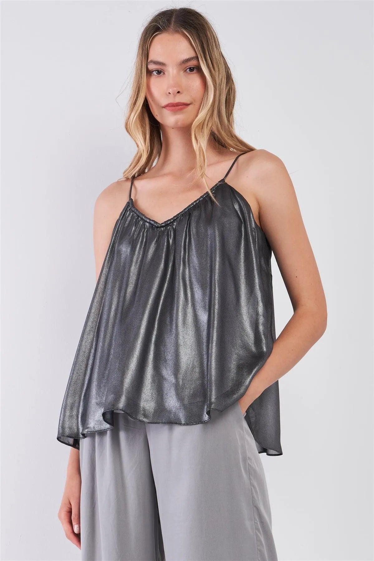Silver Black Soft V-Neck Sleeveless Gathered Loose Fit Top /1-2-2-1 - Tasha Apparel Wholesale