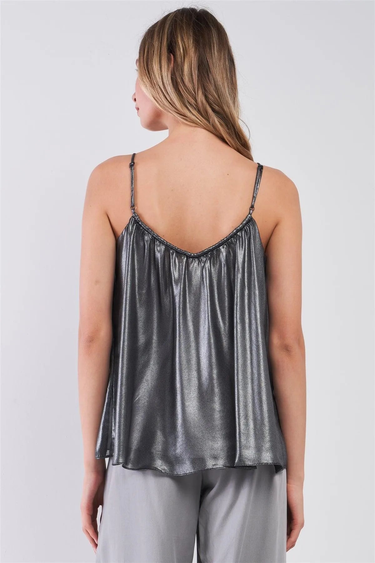 Silver Black Soft V-Neck Sleeveless Gathered Loose Fit Top /1-2-2-1 - Tasha Apparel Wholesale