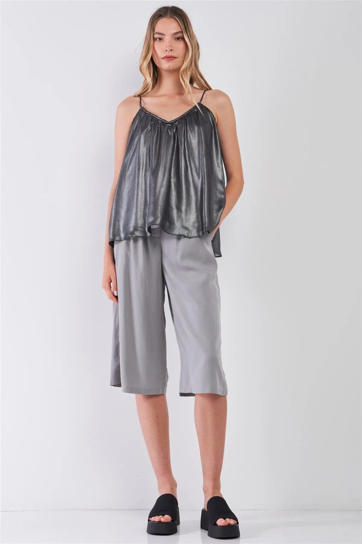 Silver Black Soft V-Neck Sleeveless Gathered Loose Fit Top /1-2-2-1 - Tasha Apparel Wholesale