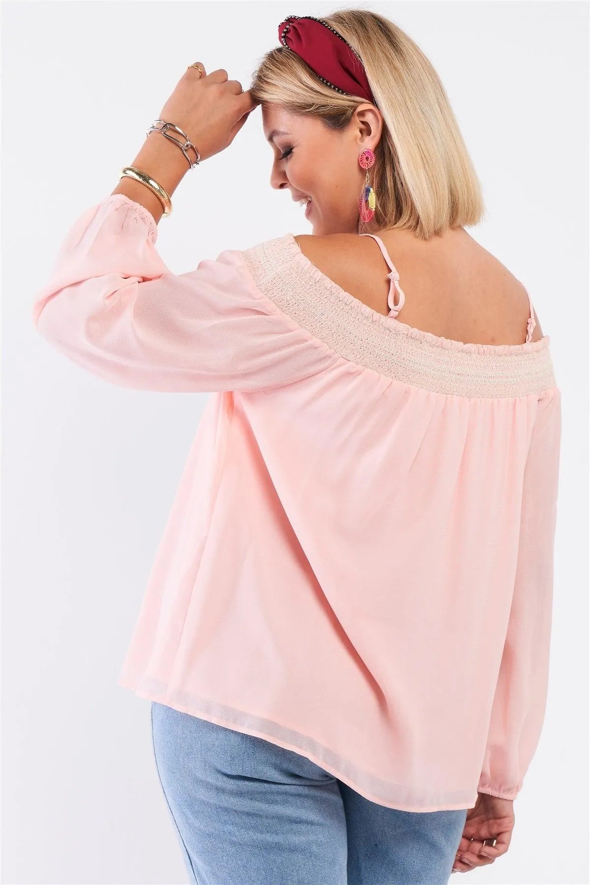 Blush Smocked Off-The-Shoulder Chiffon Top - Tasha Apparel Wholesale