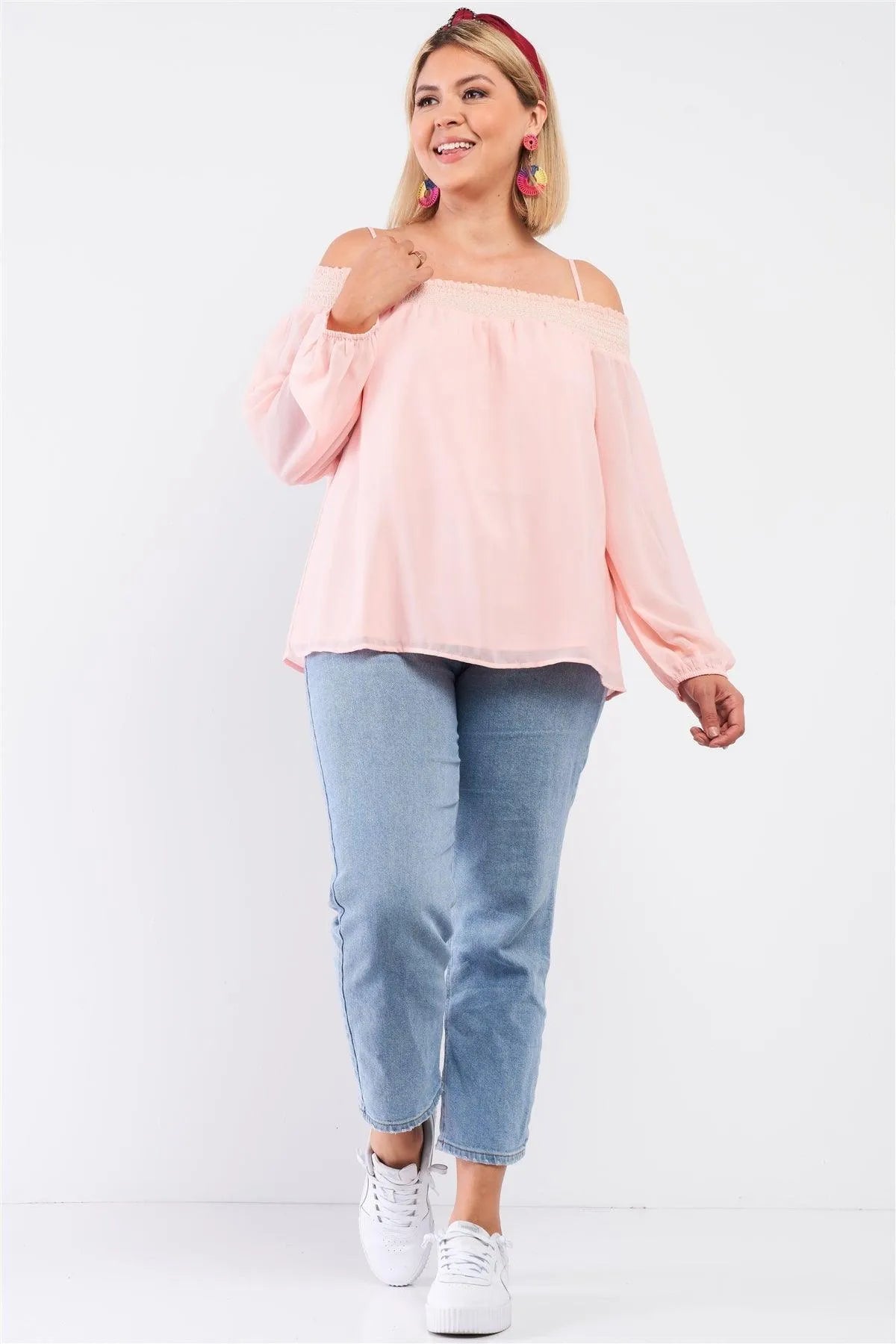 Blush Smocked Off-The-Shoulder Chiffon Top - Tasha Apparel Wholesale