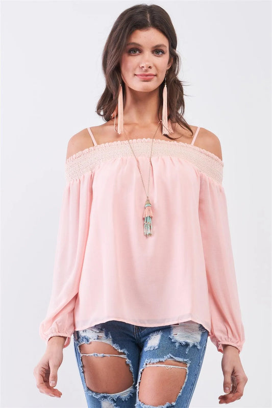 Blush Long Sleeve Smocked Off-The-Shoulder Chiffon Top - Tasha Apparel Wholesale