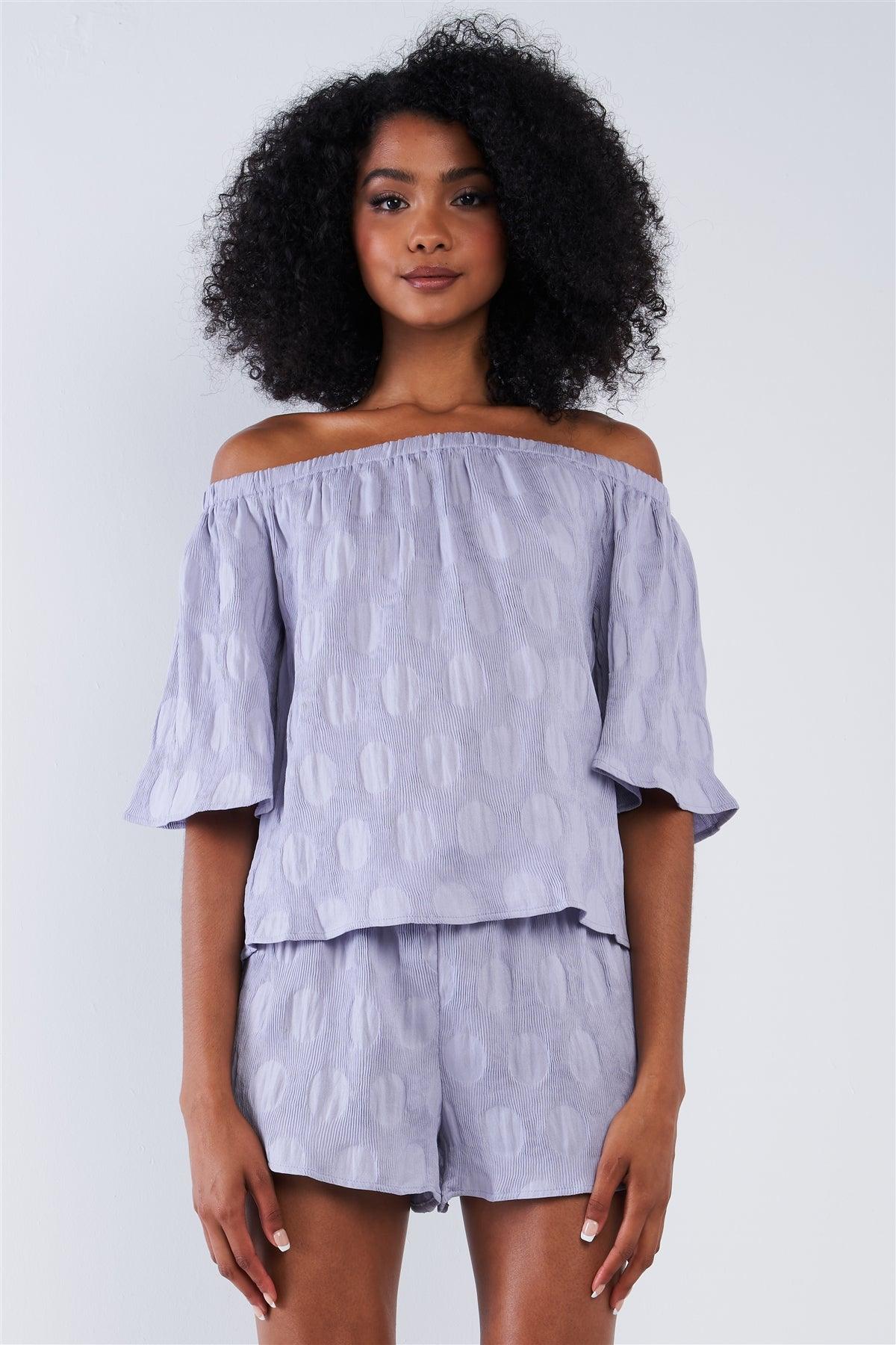 Solid Lavender Bluebell Sleeve Off-The-Shoulder Circle Pattern Loose Fit Pleated Top & Short Set /1-2-2-1