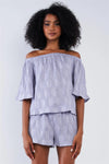 Solid Lavender Bluebell Sleeve Off-The-Shoulder Circle Pattern Loose Fit Pleated Top & Short Set /1-2-2-1 - Tasha Apparel Wholesale