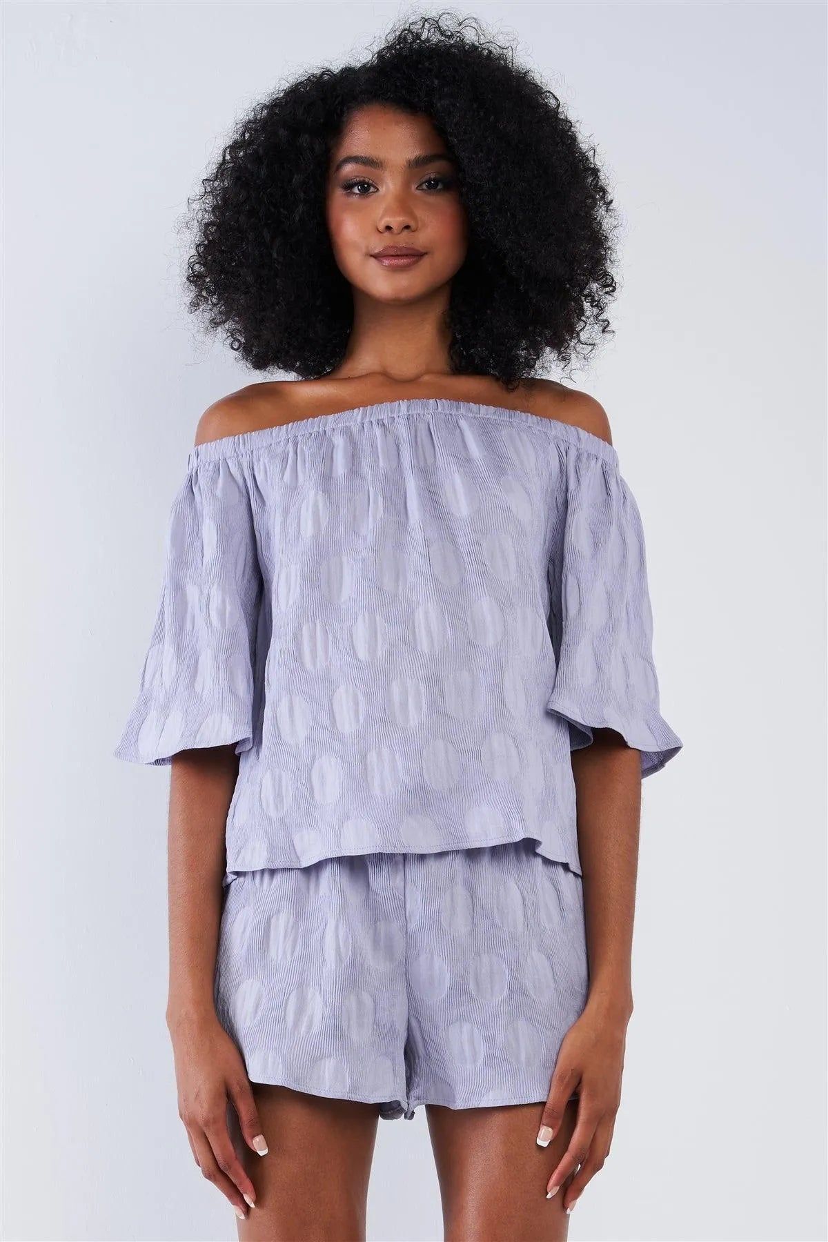 Solid Lavender Bluebell Sleeve Off-The-Shoulder Circle Pattern Loose Fit Pleated Top & Short Set /1-2-2-1 - Tasha Apparel Wholesale