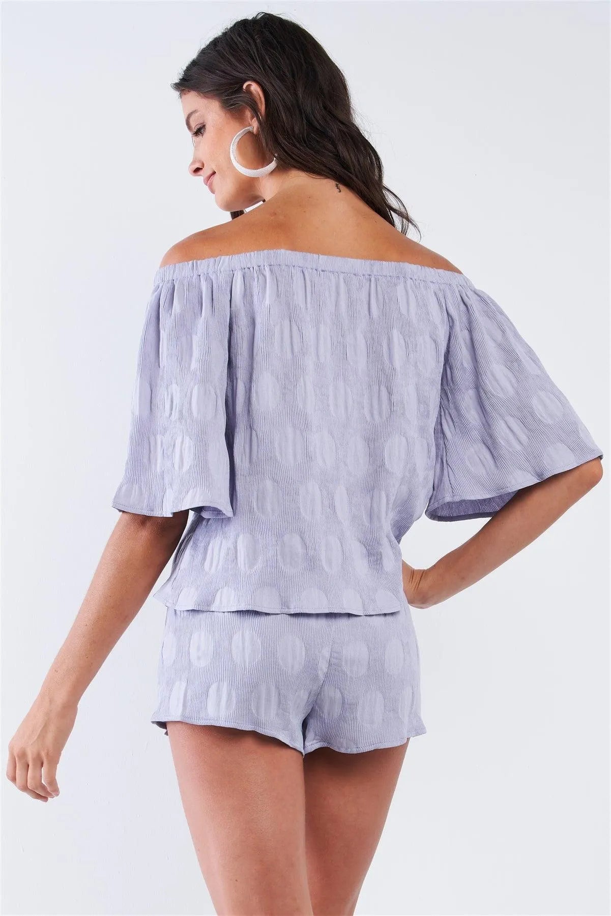 Solid Lavender Bluebell Sleeve Off-The-Shoulder Circle Pattern Loose Fit Pleated Top & Short Set /1-2-2-1 - Tasha Apparel Wholesale