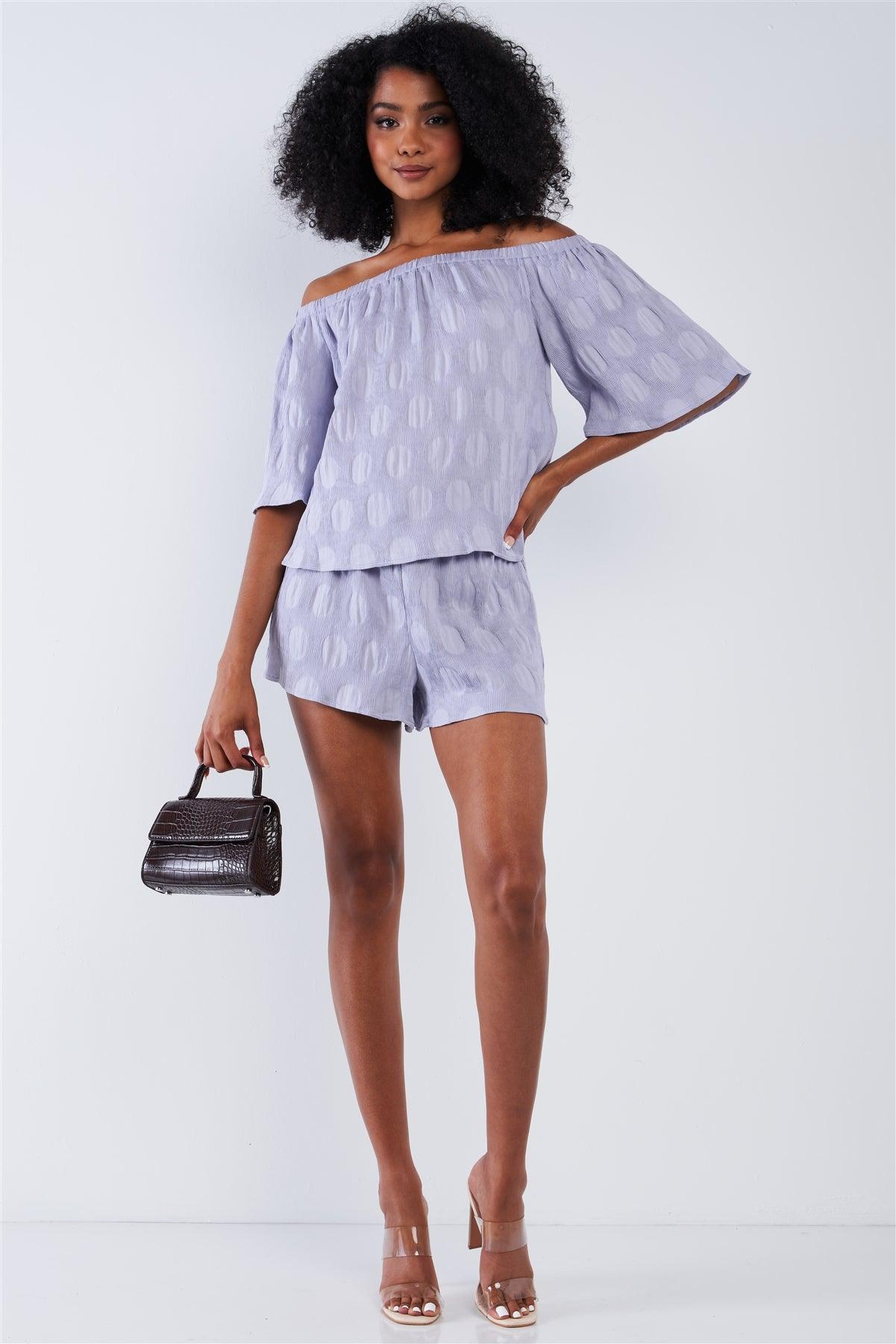 Solid Lavender Bluebell Sleeve Off-The-Shoulder Circle Pattern Loose Fit Pleated Top & Short Set /1-2-2-1