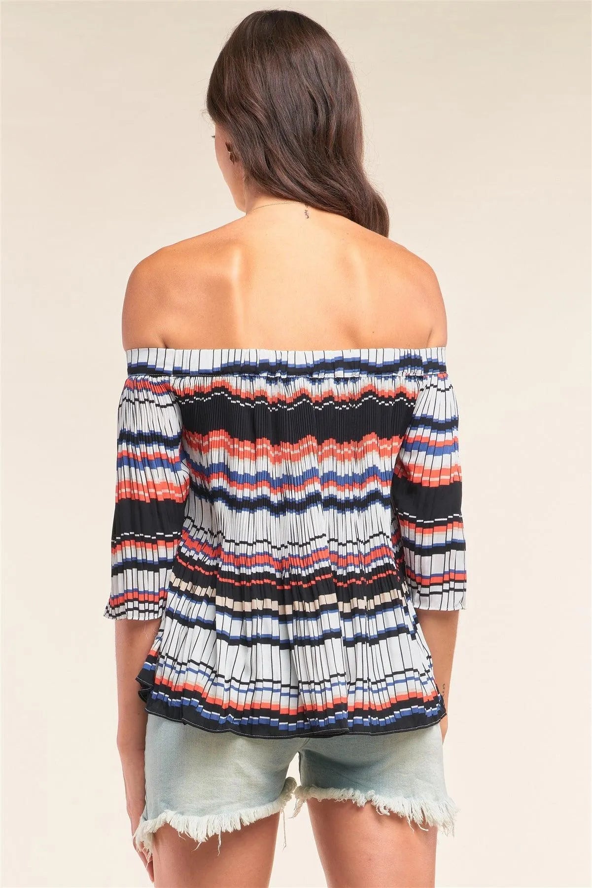 Multicolor Striped Pleated Off-The-Shoulder Midi Sleeve Loose Fit Top /1-2-2-1 - Tasha Apparel Wholesale