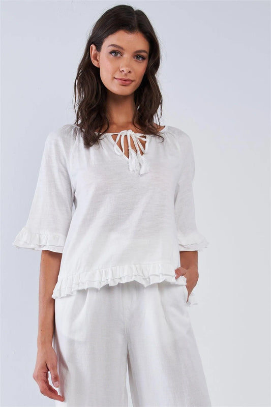 Solid White Cotton Loose Fit Mid Sleeve Ruffle Hem Country Style Peasant Top /1-2-2-1 - Tasha Apparel Wholesale